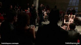 Big tits slave fingered in public