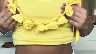 Horny Wife Loving Her Boobs in a Sexy Yellow Outfit