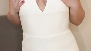 Horny MILF in White Long Dress Flashing Her Boobs