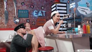 Tgirl waitress Ember Fiera anal in diner