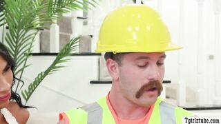 Construction worker drills the ass of two horny TS