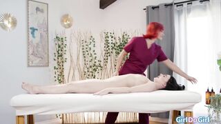 Masseuse helps client get ready for anal