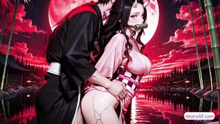 Nezuko in doggy gets her big tits slapped and face painted with wild messy cumshots