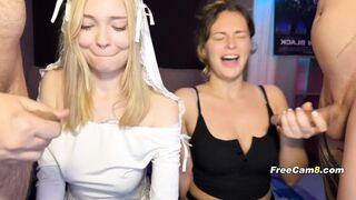 Two Slutty Babes Sucking Cock Side by Side
