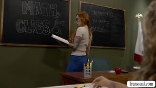 Naughty Schoolgirl Shemales Dominate Classroom in Wild Group Sex