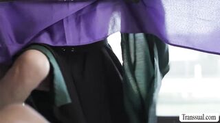 Hiding under the table and get fucked by two TS
