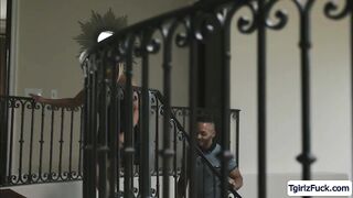 Busty blonde trans woman sucks a bbc and takes it from behind