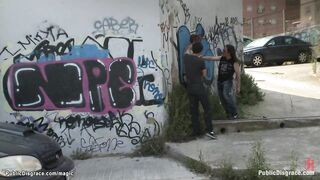 Ginger slut deep throat fucked outdoor